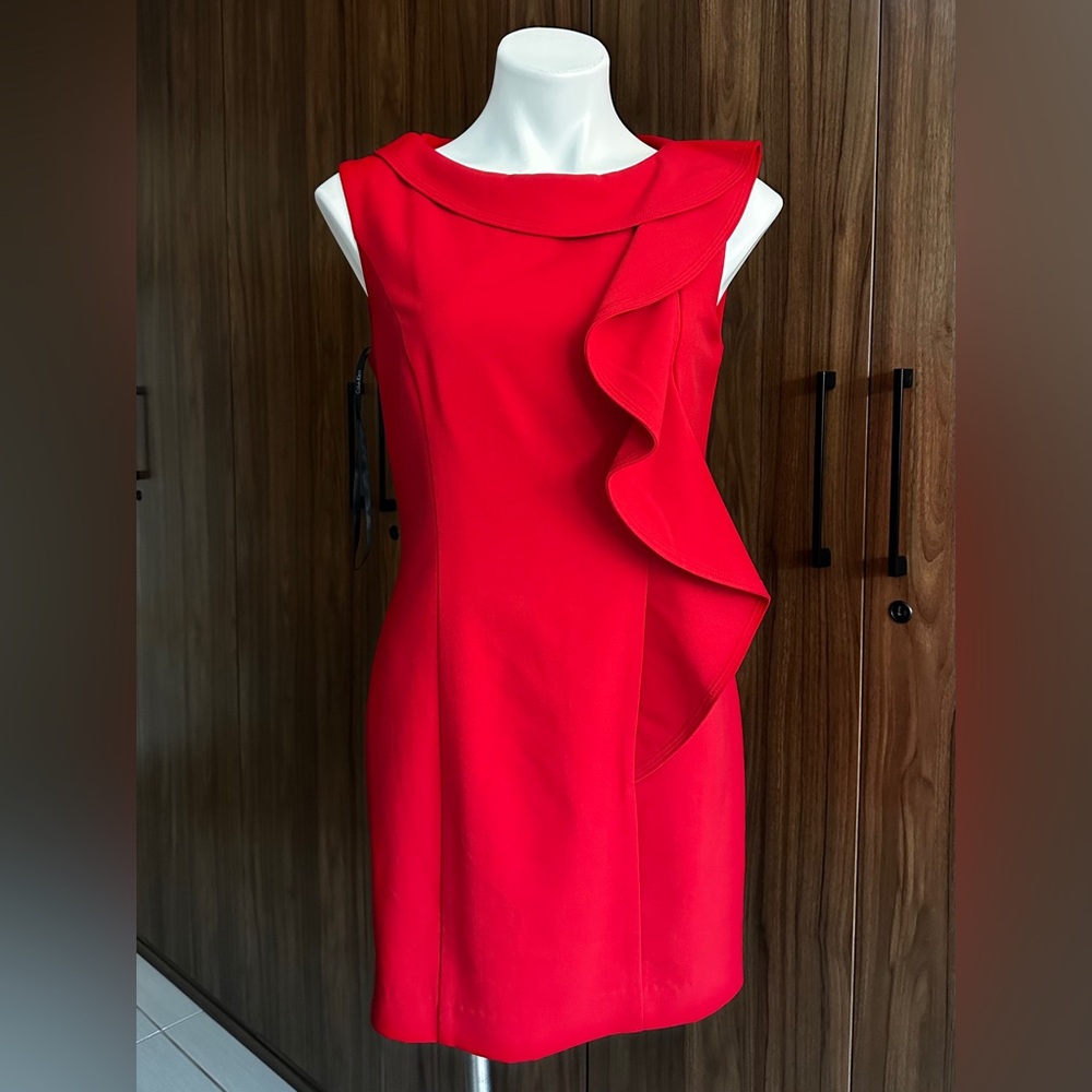 Calvin Klein Red Formal Classy Midi Length Sheath Fitted Ruffle Front Size 8 - Picture 1 of 11